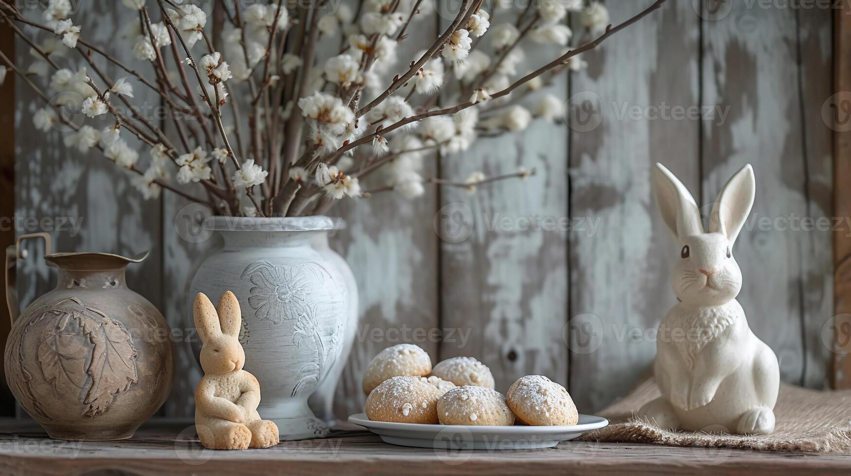 ai gerado Páscoa ainda vida com salgueiro galhos, Páscoa ovos, biscoitos, e cerâmico coelhos. ai gerado foto