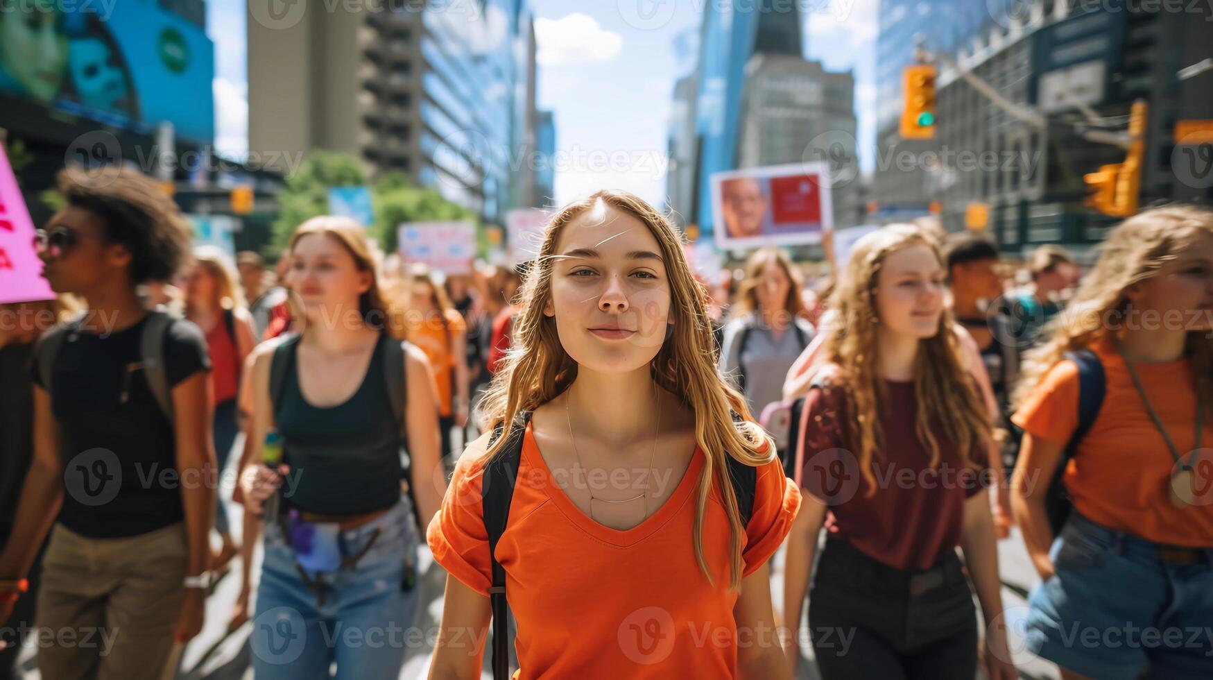 ai gerado mulheres marchar. diverso participantes caminhando baixa uma rua. luta para mulheres direitos. ai gerado foto