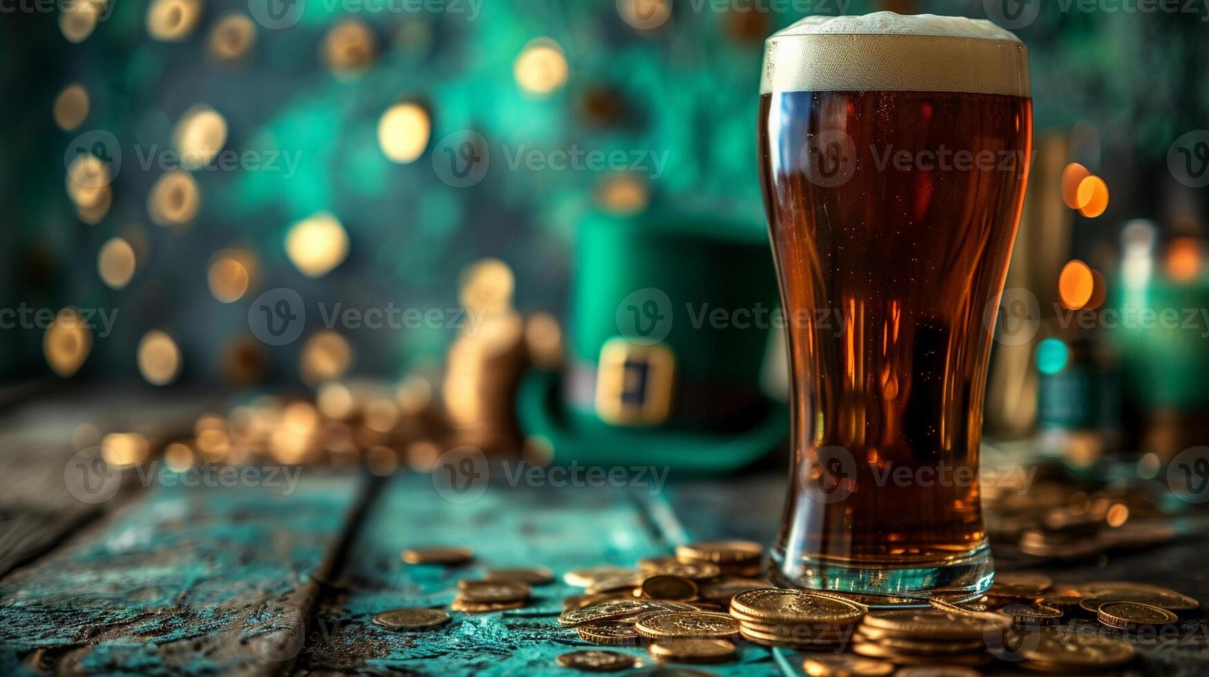 ai gerado Sombrio cerveja preta Cerveja dentro irlandês bar com st. patrick's dia decoração, verde topo chapéu, ouro moedas. ai gerado foto