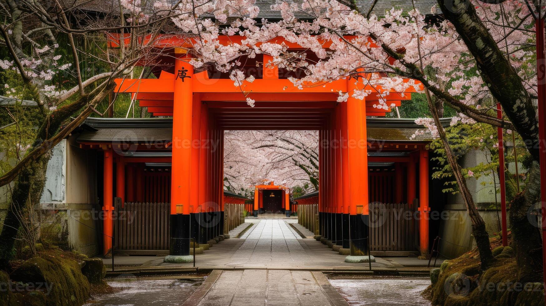 ai gerado icônico vermelho portão e cereja flores dentro Quioto, Japão, crio uma lindo cena, ai gerado. foto