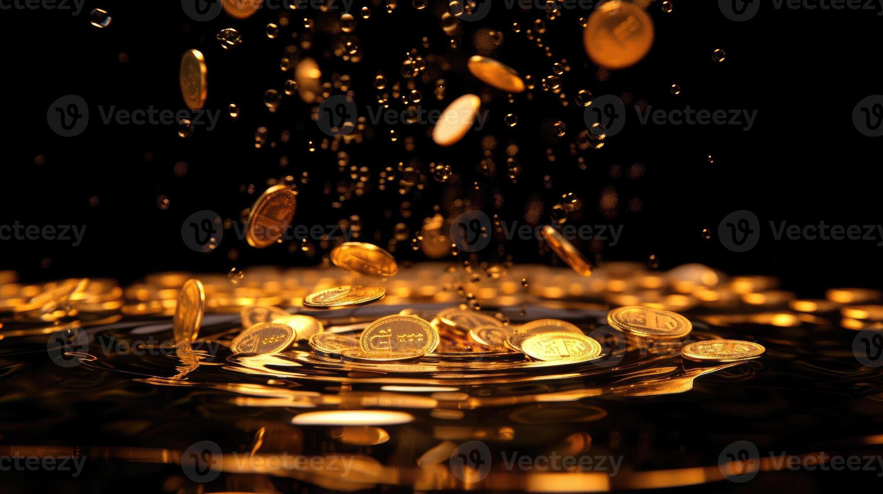 ai gerado experiência uma cascata do ouro moedas tomar banho contra uma dramático Preto pano de fundo. ai gerado. foto