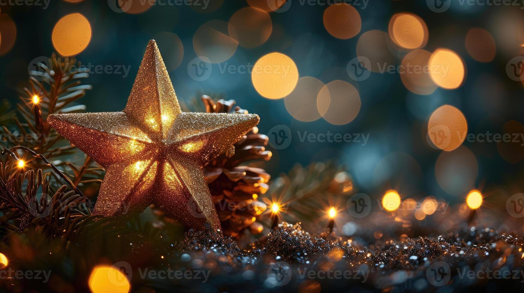 ai gerado uma dourado Natal Estrela brilha em uma bokeh Preto fundo, encantador, ai gerado. foto