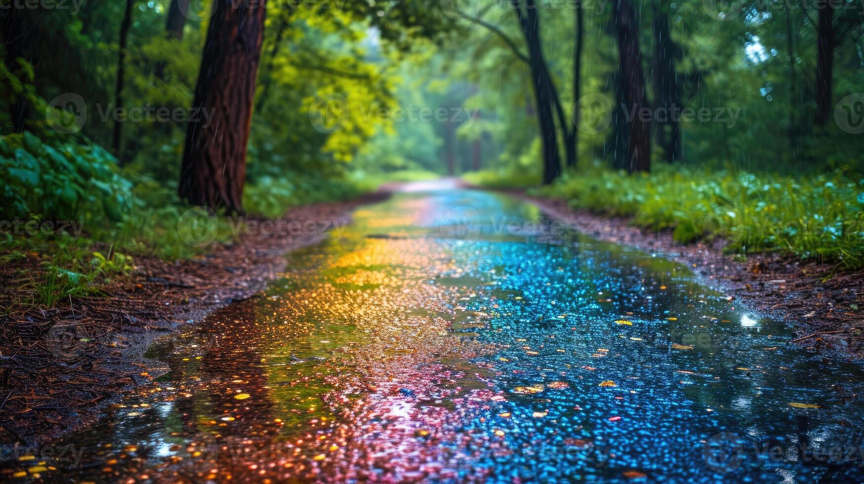 ai gerado experiência a encantamento do uma chuva chuveiro Como isto transforma uma prado cascalho caminho com vívido cores, ai gerado. foto