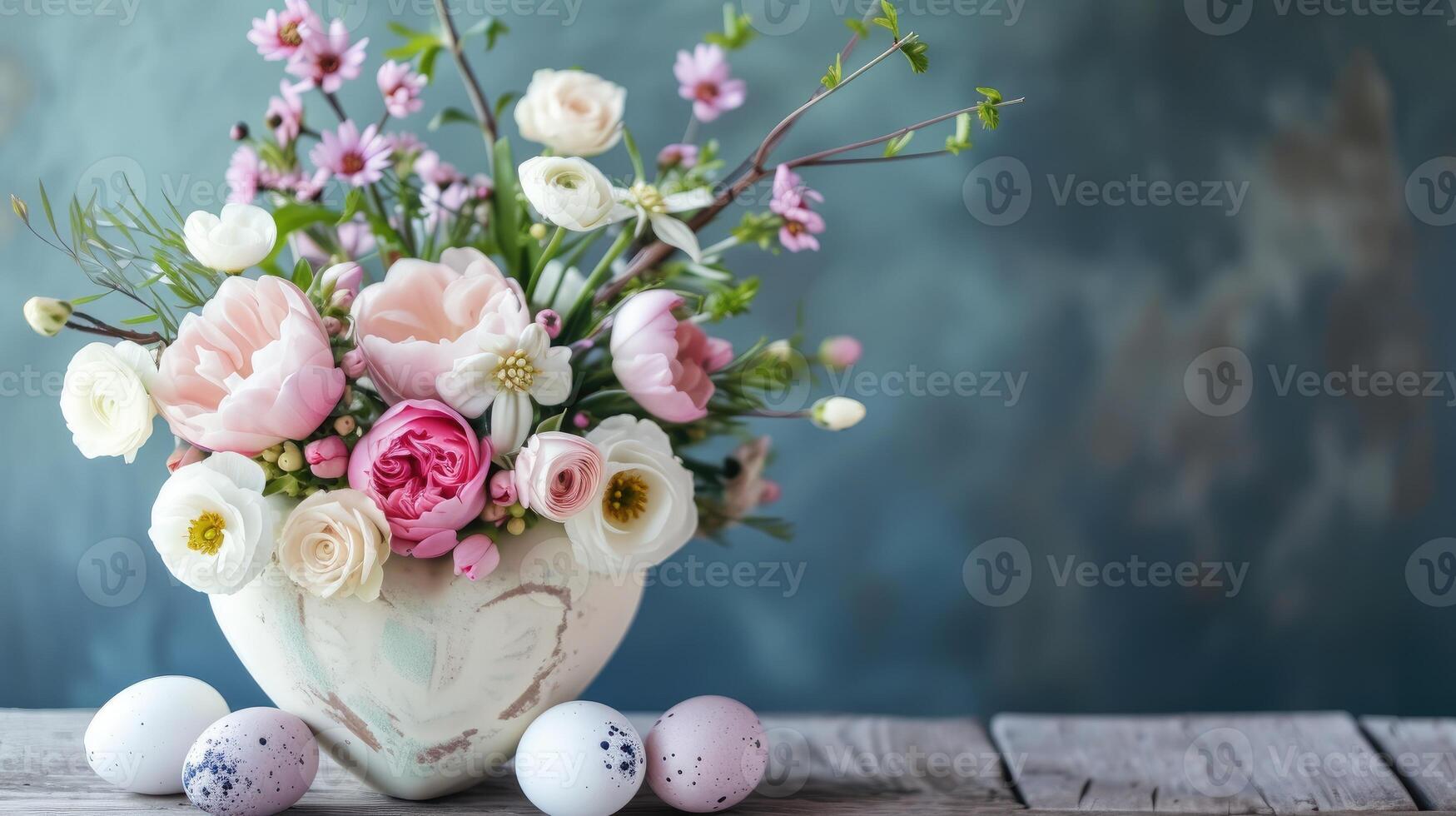ai gerado cheio de flores em forma de coração vaso com ovos, uma único e encantador mostrar, ai gerado foto
