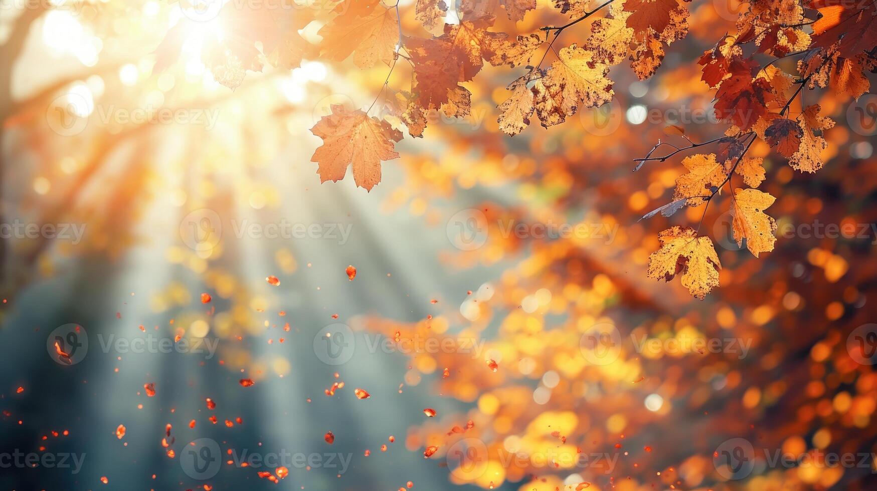 ai gerado outono folhas aquecer dentro luz solar raios, com borrado árvores adicionando profundidade, ai gerado foto