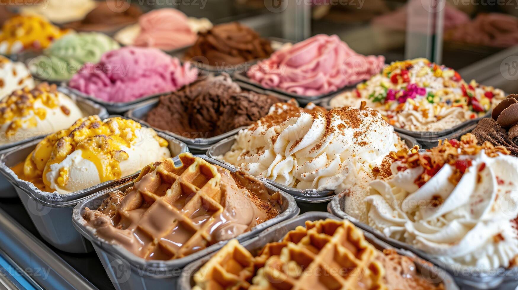 ai gerado degrau para dentro a mundo do doce indulgência às a sorvete comprar, Onde waffle cones aguardam para estar preenchidas com delicioso sabores, ai gerado foto