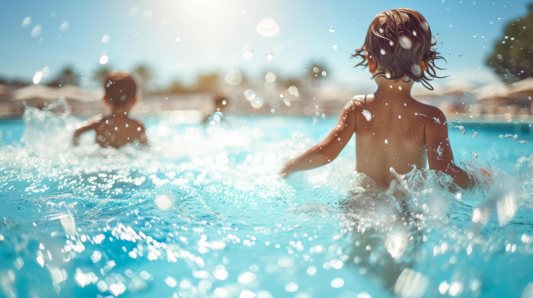ai gerado crianças jogando alegremente dentro uma espumante, azul natação piscina em uma escaldante verão dia foto