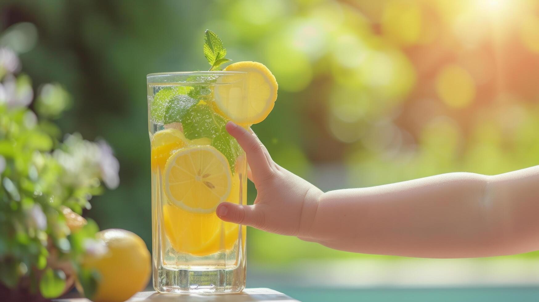 ai gerado uma jovem criança mão alcançando para uma alta vidro do limonada, capturando a inocência do verão foto