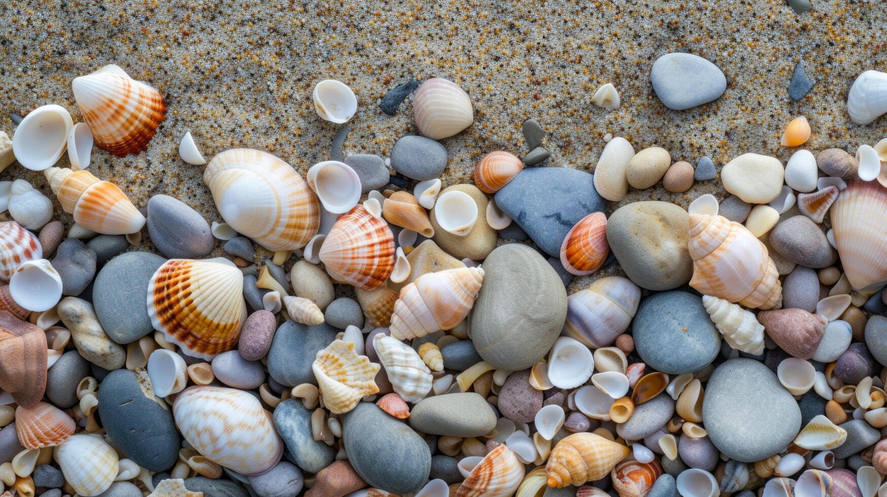 ai gerado conchas do mar e pedrinhas adornar a costa, adicionando natural beleza para a paisagem de praia foto
