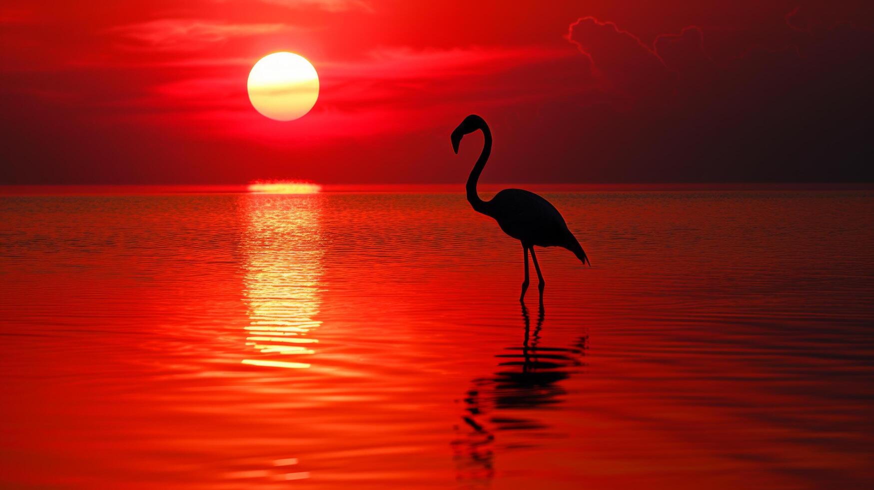 ai gerado uma Flamengo impressionante silhueta reflete dentro a calma águas Como a Sol conjuntos foto