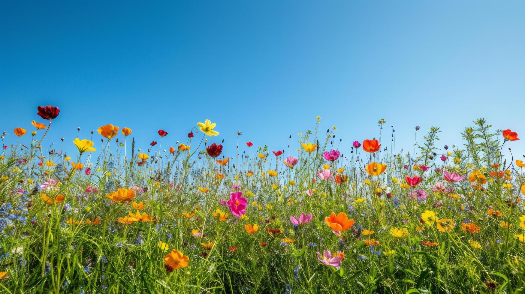 ai gerado uma vibrante Prado pontilhado com flores silvestres contra uma Claro azul céu comemora a chegada do Primavera foto