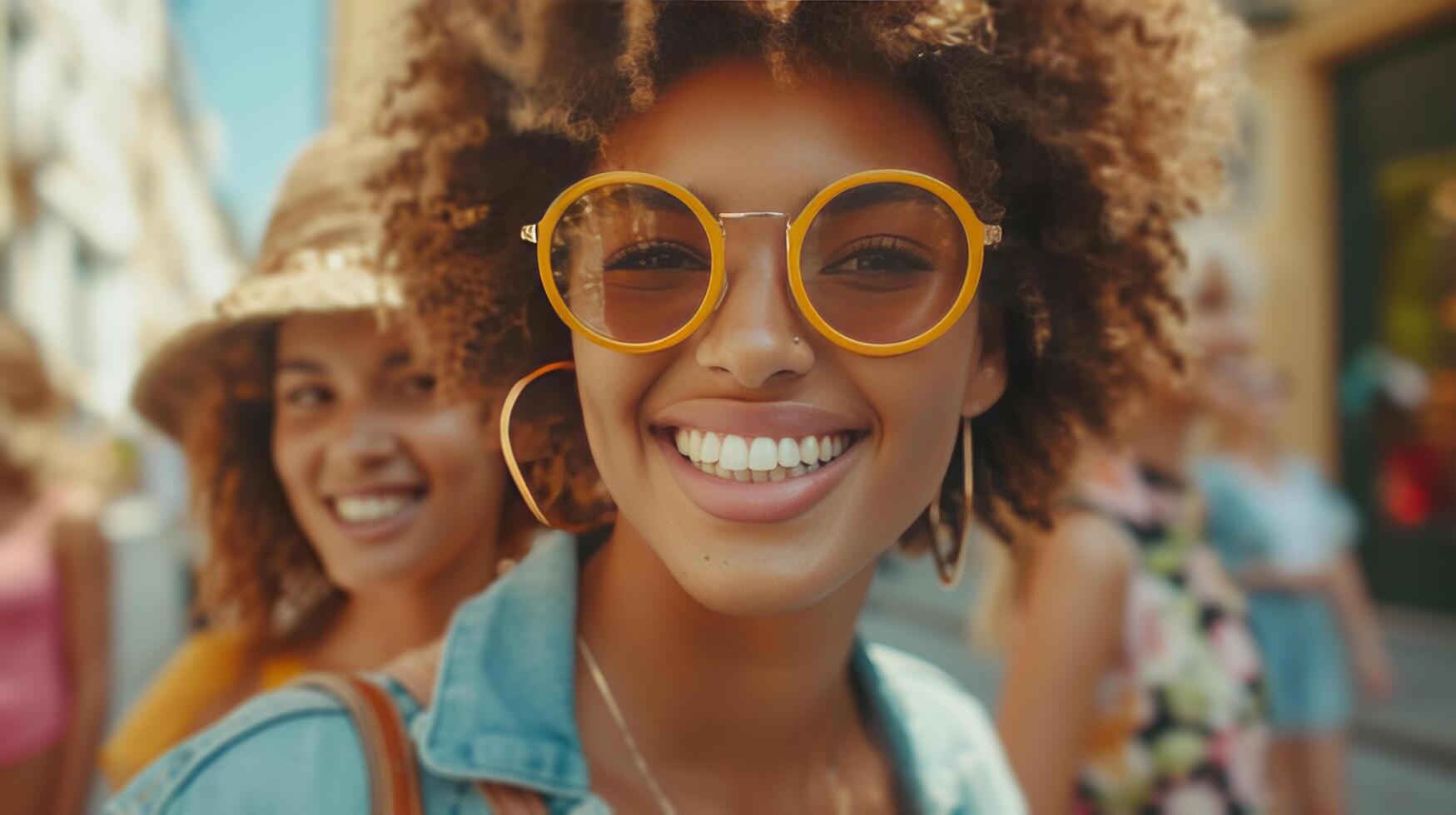 ai gerado na moda meninas graça cidade ruas, seus sorrisos adicionando fascinar para metropolitano configurações foto