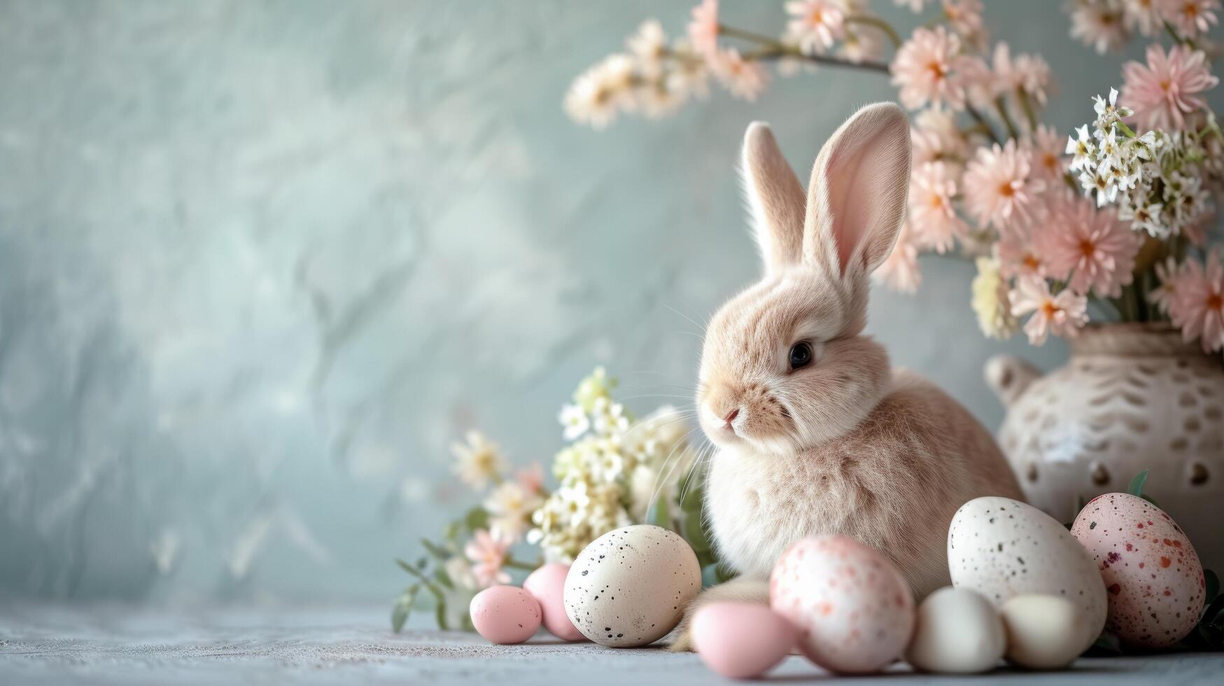 ai gerado Páscoa Coelho com festivo ovos e flores foto