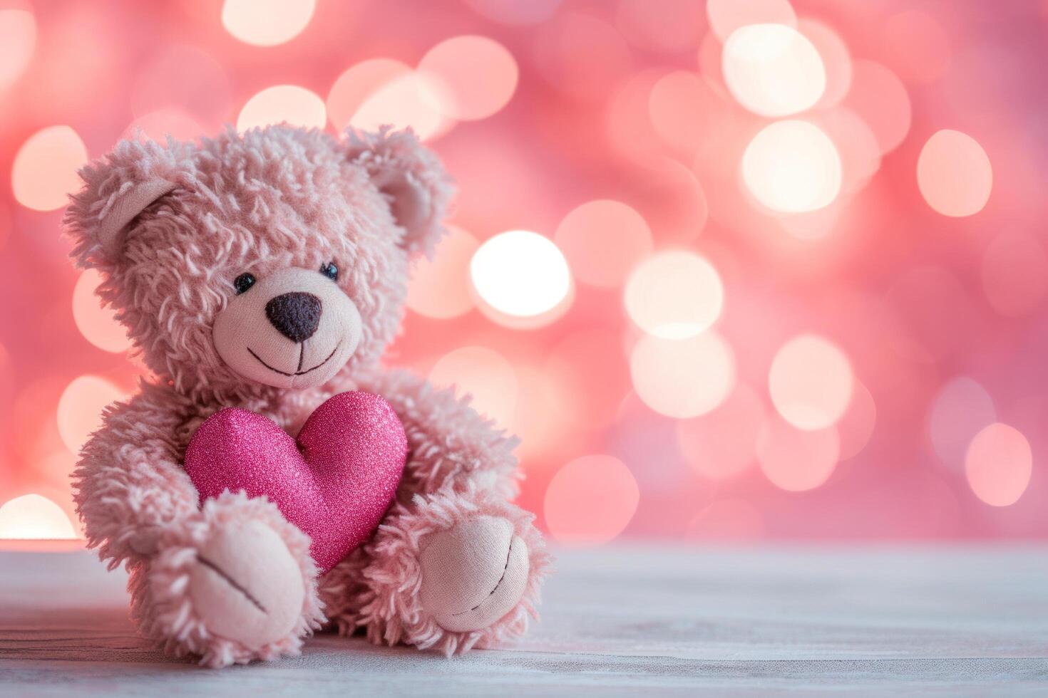 ai gerado uma pequeno Urso com Rosa coração sentado Próximo para isto foto