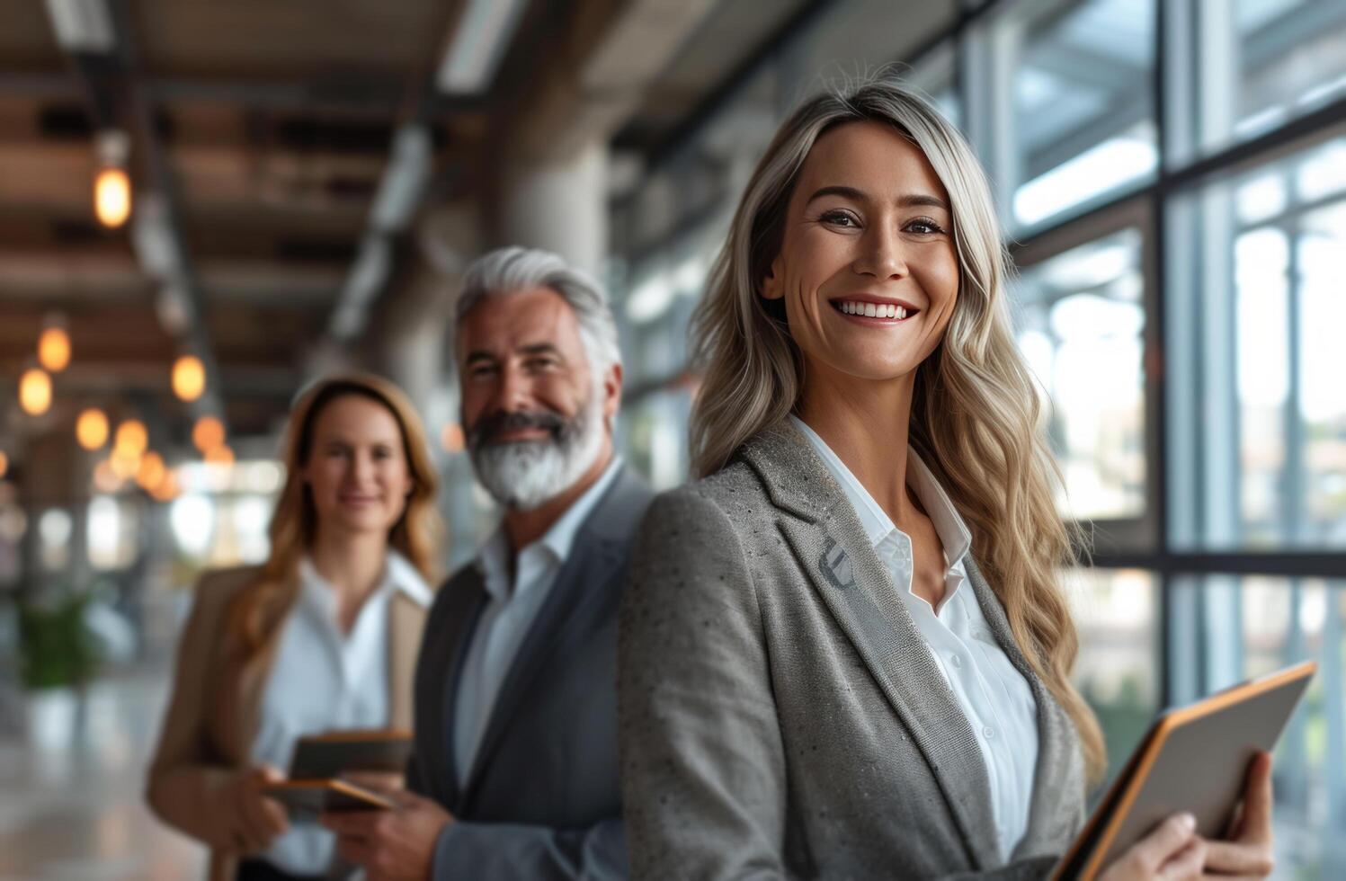 ai gerado pequeno sorridente moderno homem de negocios usando tábua pc dentro escritório foto