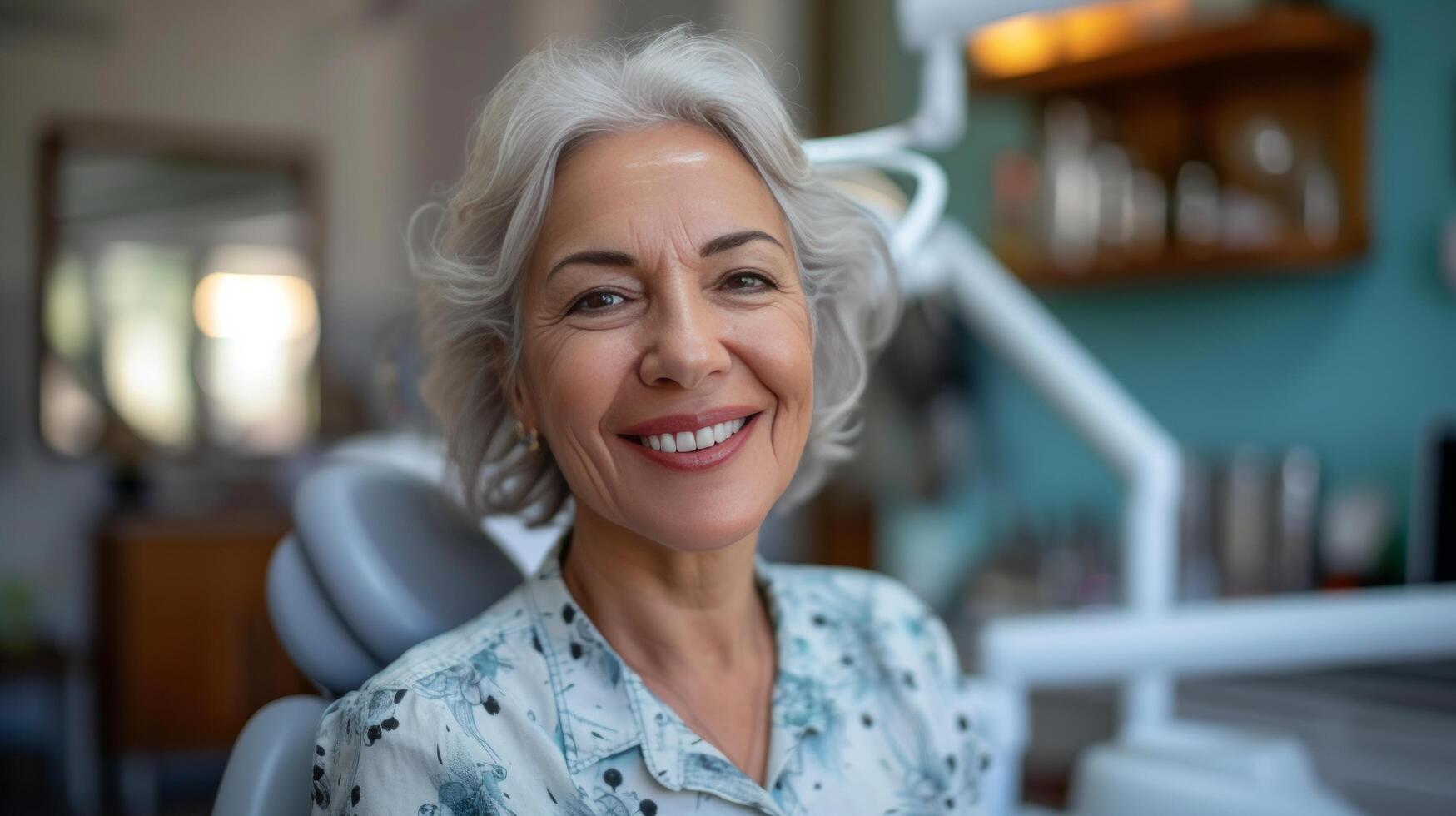 ai gerado uma feliz Senior mulher poses para a Câmera às a Dentistas escritório foto