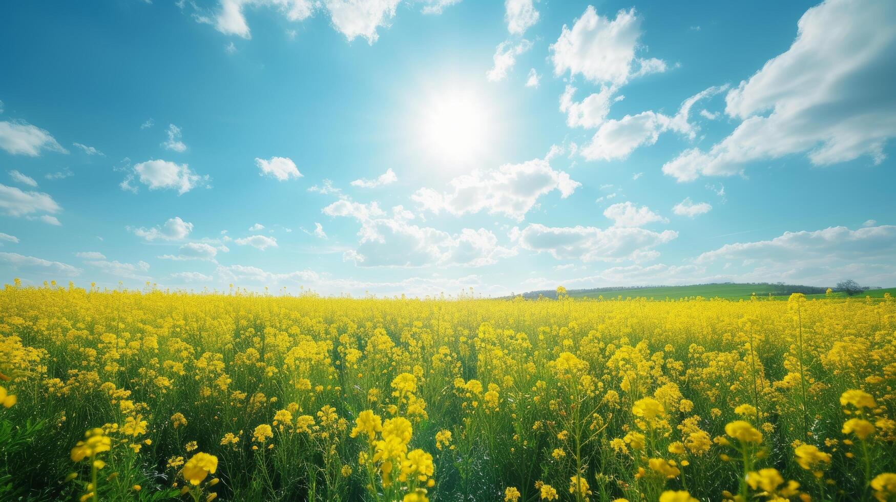 ai gerado lindo natural fundo com amarelo flor campo e azul céu ampla copyspace área com cópia de espaço para texto foto