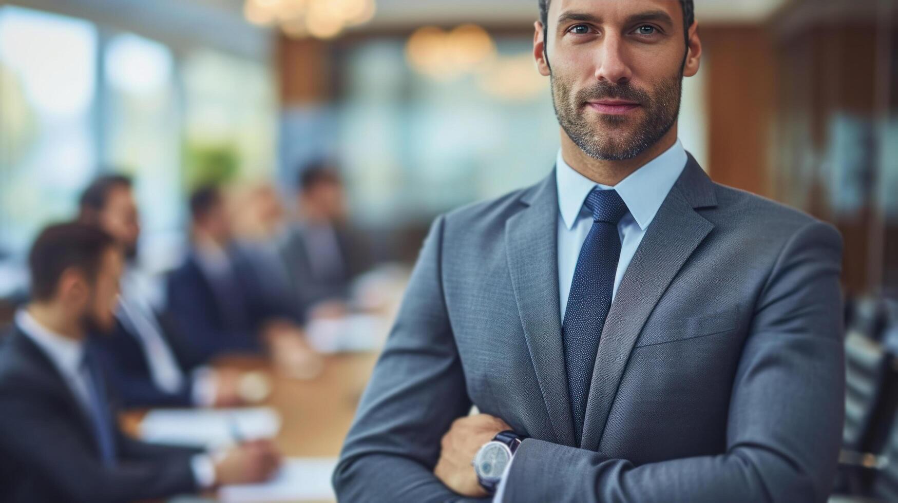 ai gerado adequado homem de negocios com confiança apresenta estratégico planos durante uma corporativo reunião, exalando profissionalismo foto