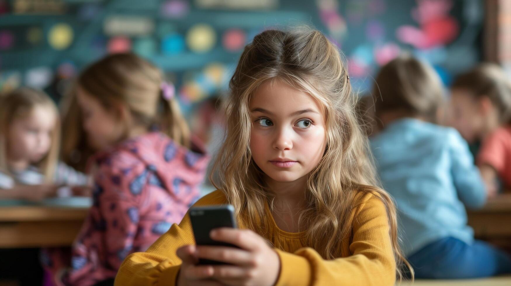 ai gerado uma branco 12 anos menina senta e tocam em dela telefone durante classe foto