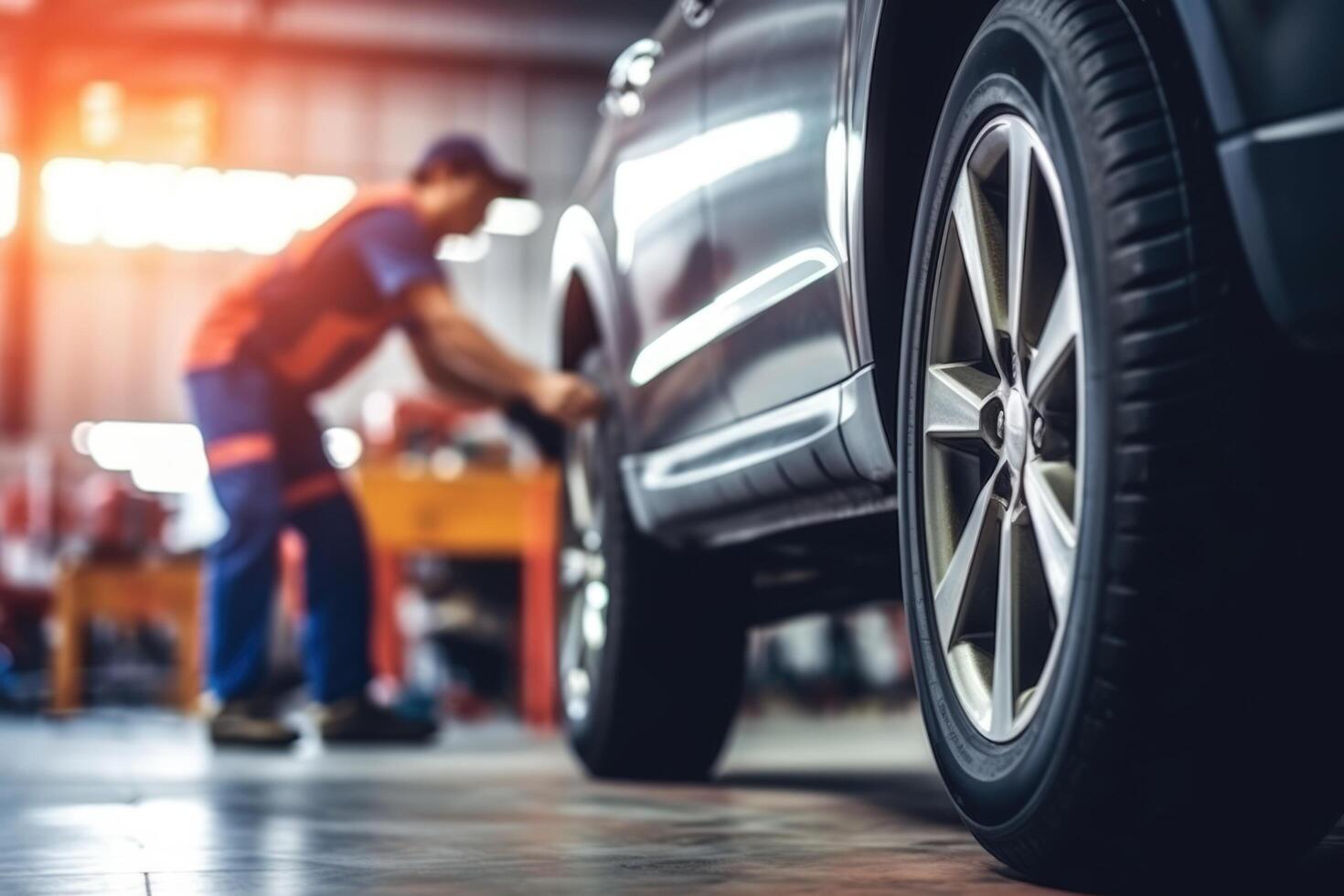 ai gerado carro pneu fazer compras e serviço Centro garagem, automóvel reparar e Verifica acima, mecânico verificação a carro foto