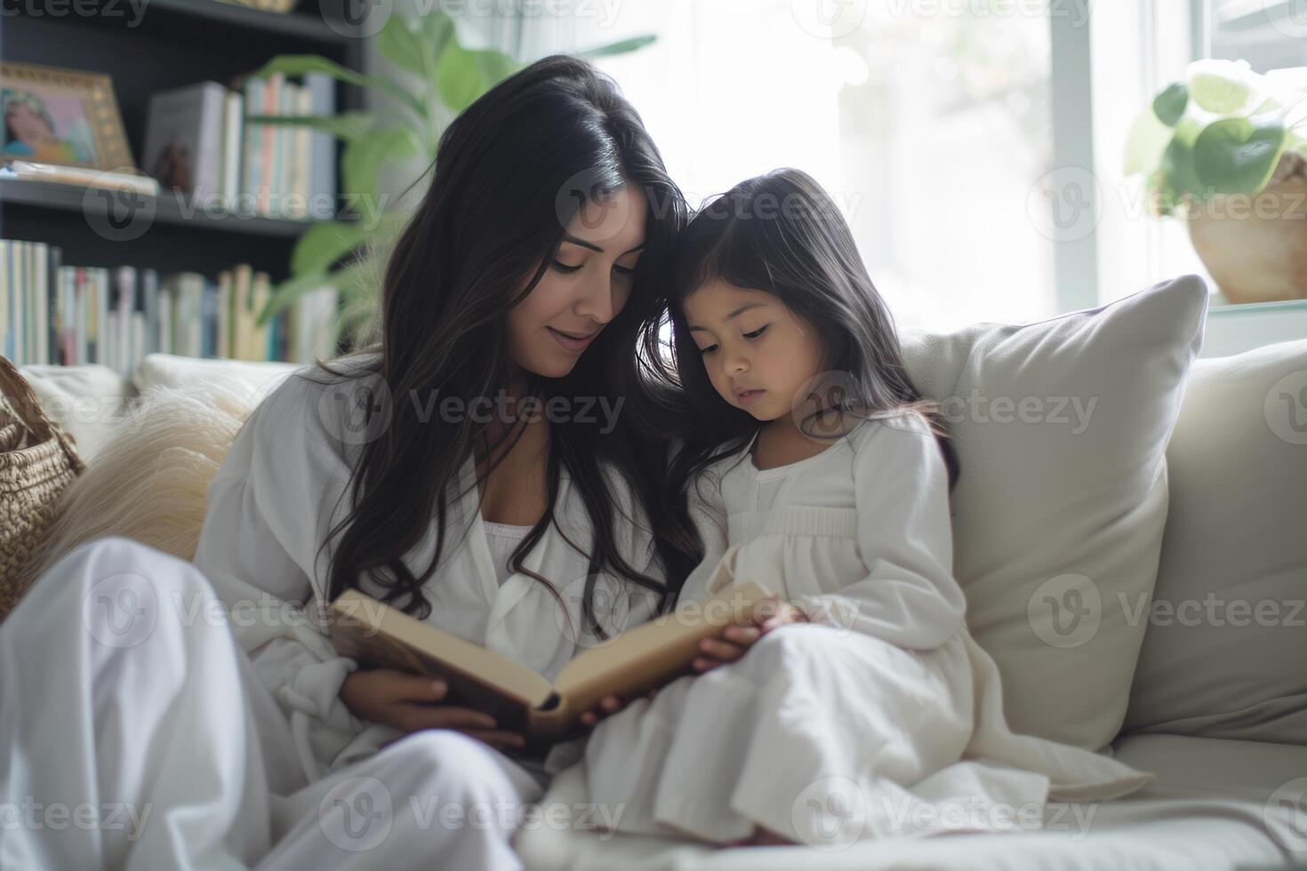 ai gerado mãe lendo livro para dela filha em a sofá dentro a vivo quarto foto