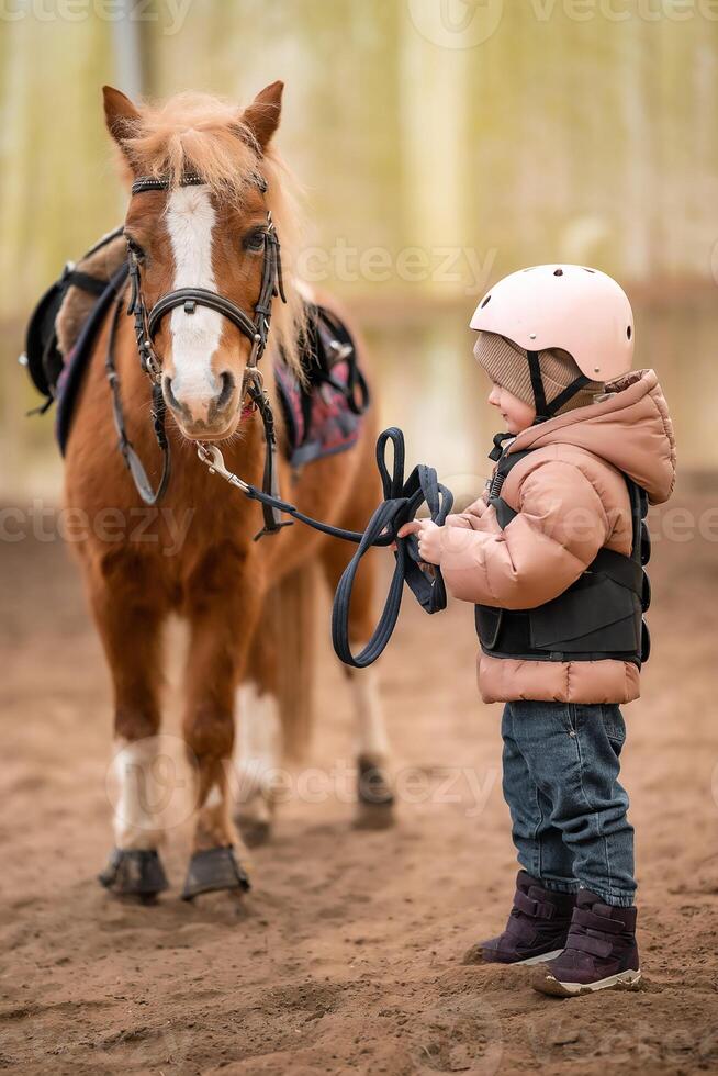 retrato do pequeno menina dentro protetora Jaqueta e capacete com dela Castanho pónei antes equitação lição foto