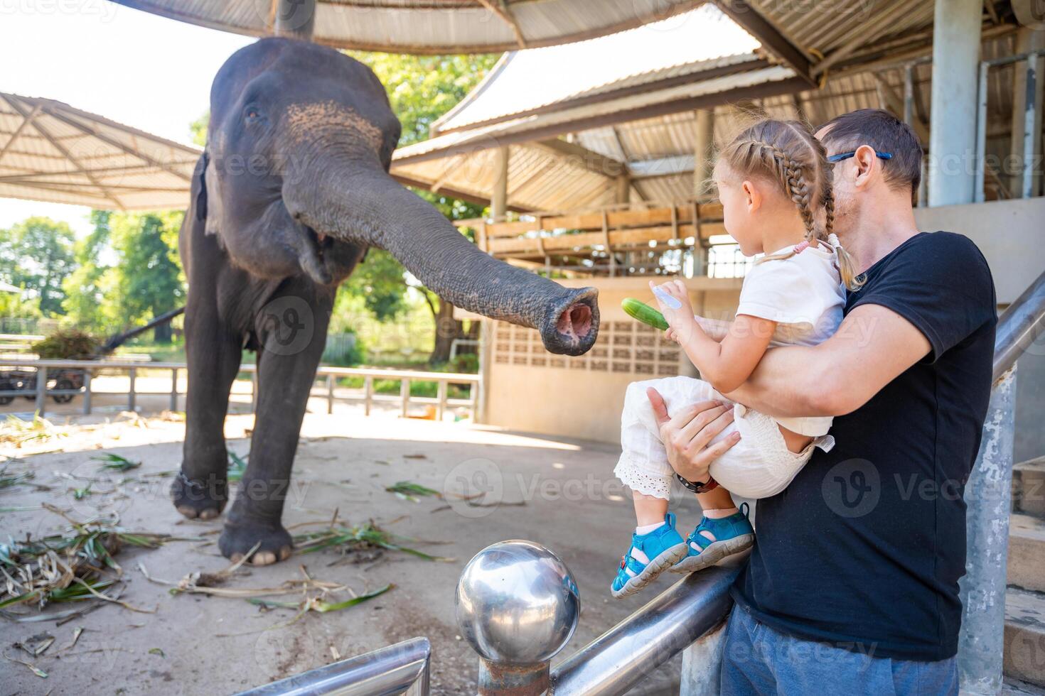 uma homem com pequeno filha alimentando elefante , viagem conceito. tailândia, Ásia. Alto qualidade foto