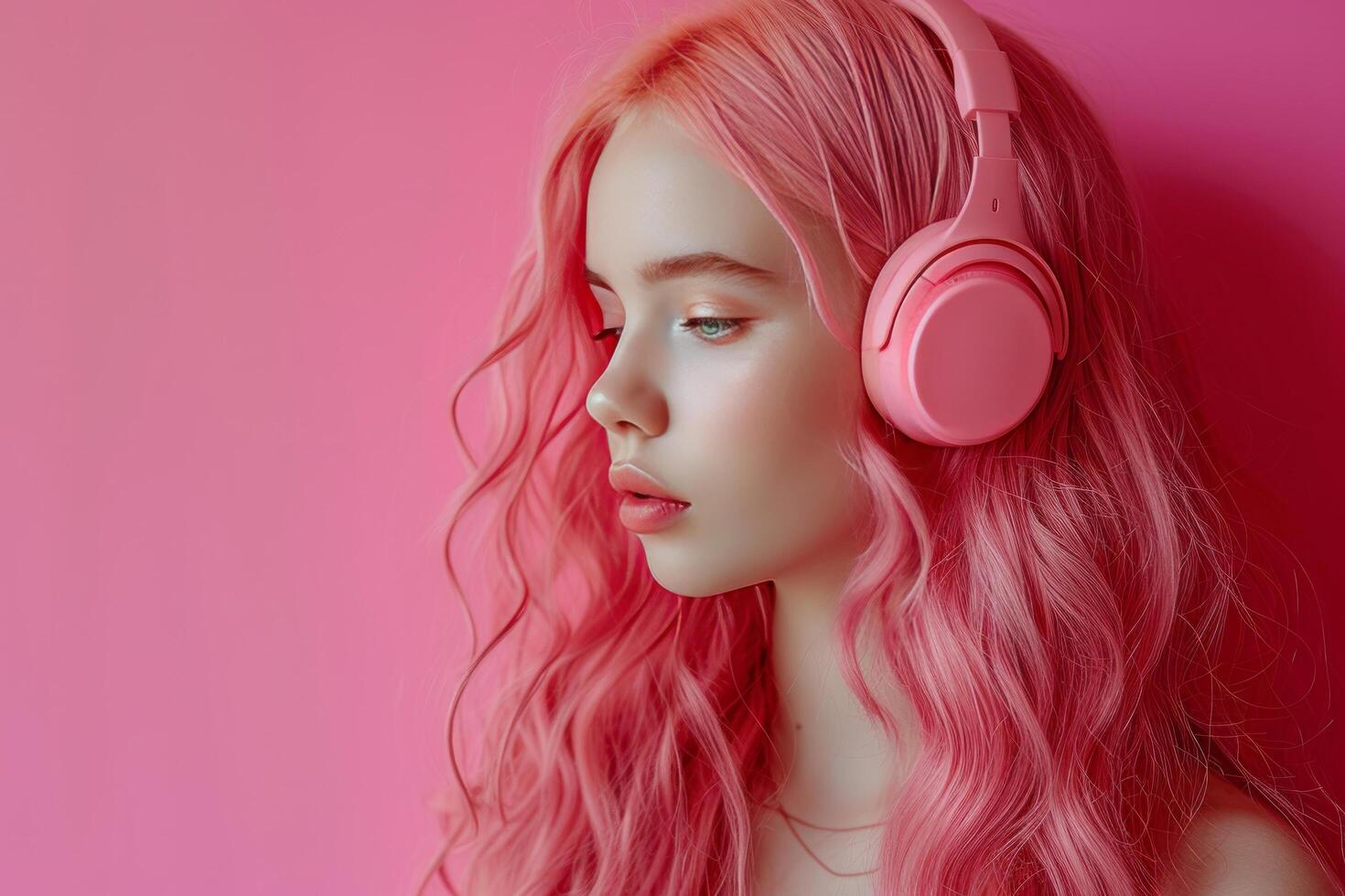 ai gerado mulher com Rosa cabelo dentro fones de ouvido ouvindo para música dentro Rosa fundo foto