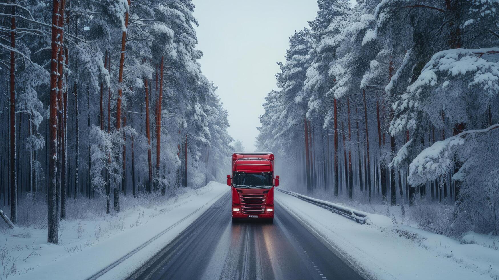 ai gerado uma ampla vermelho solitário caminhão drives ao longo a estrada através a sem fim inverno floresta foto