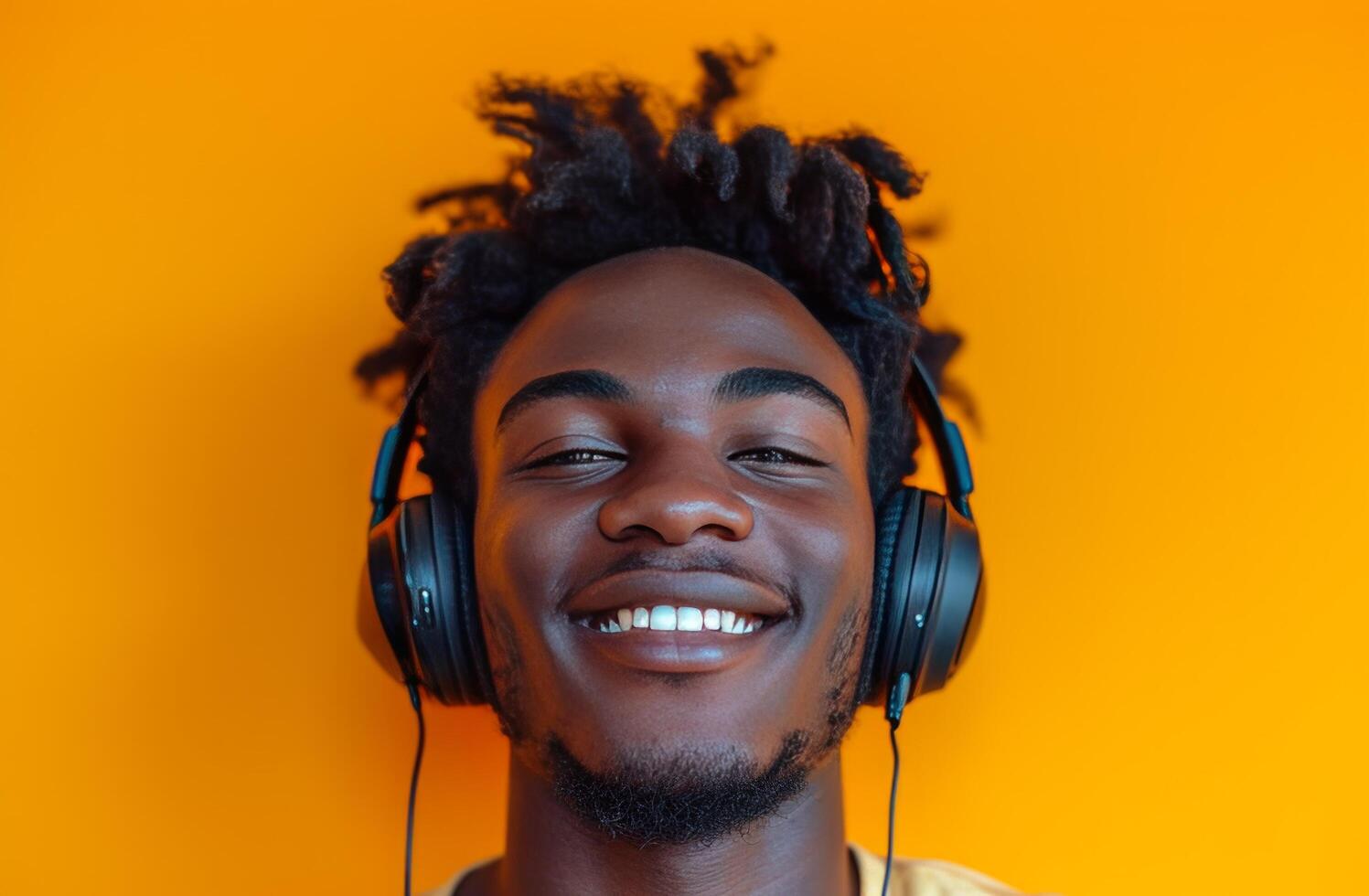 ai gerado uma jovem homem vestindo fones de ouvido quem é sorridente às amarelo fundo foto