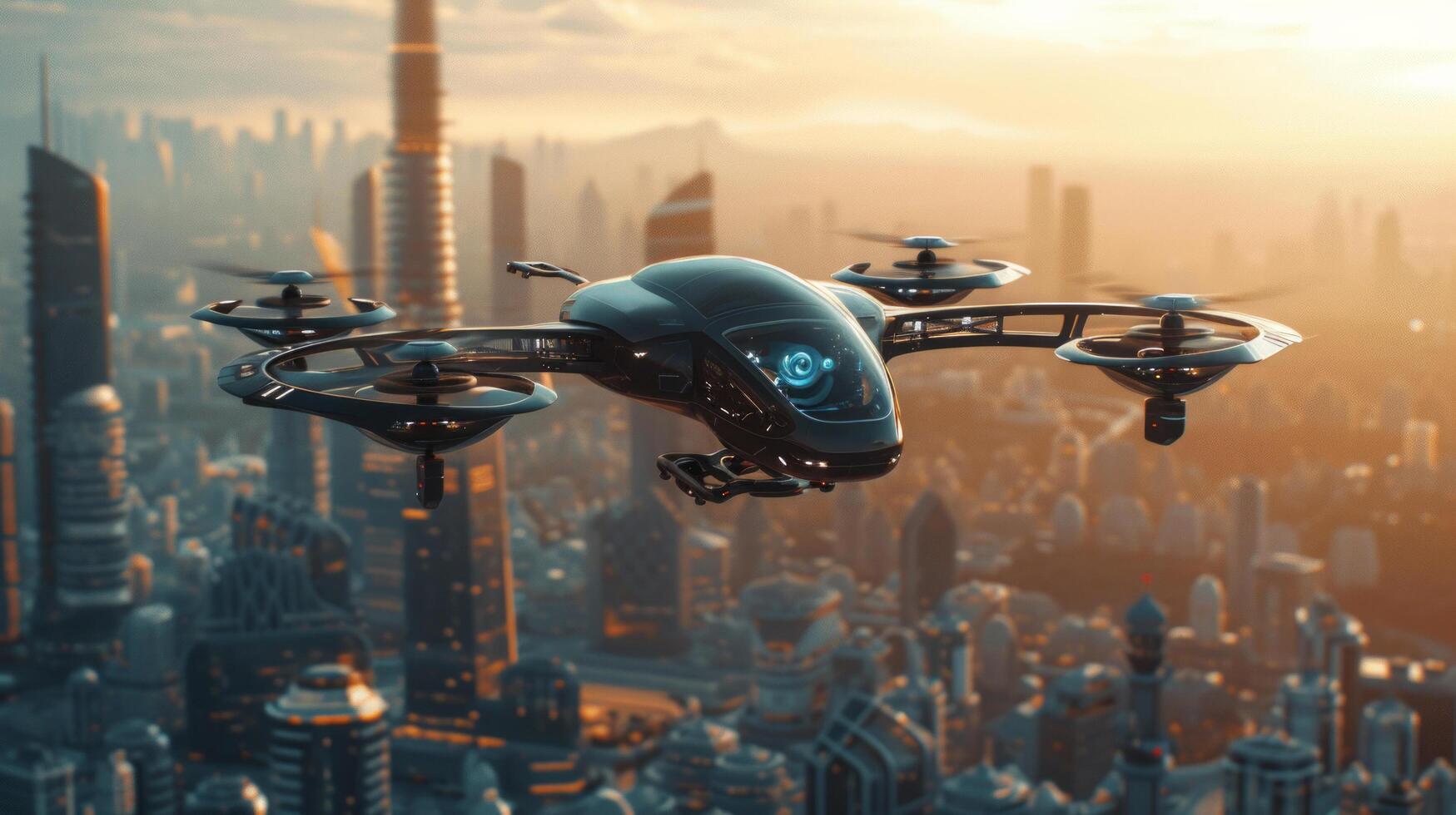 ai gerado uma futurista tripulado robô-passageiro zangão sobe através a céu acima uma moderno cidade foto