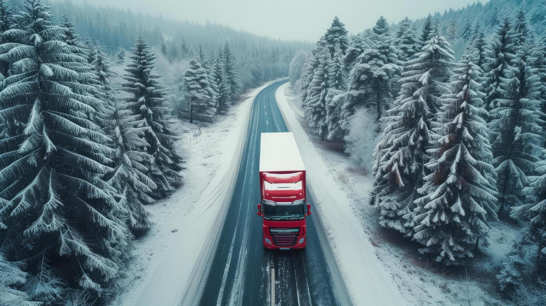 ai gerado uma ampla vermelho solitário caminhão drives ao longo a estrada através a sem fim inverno floresta foto