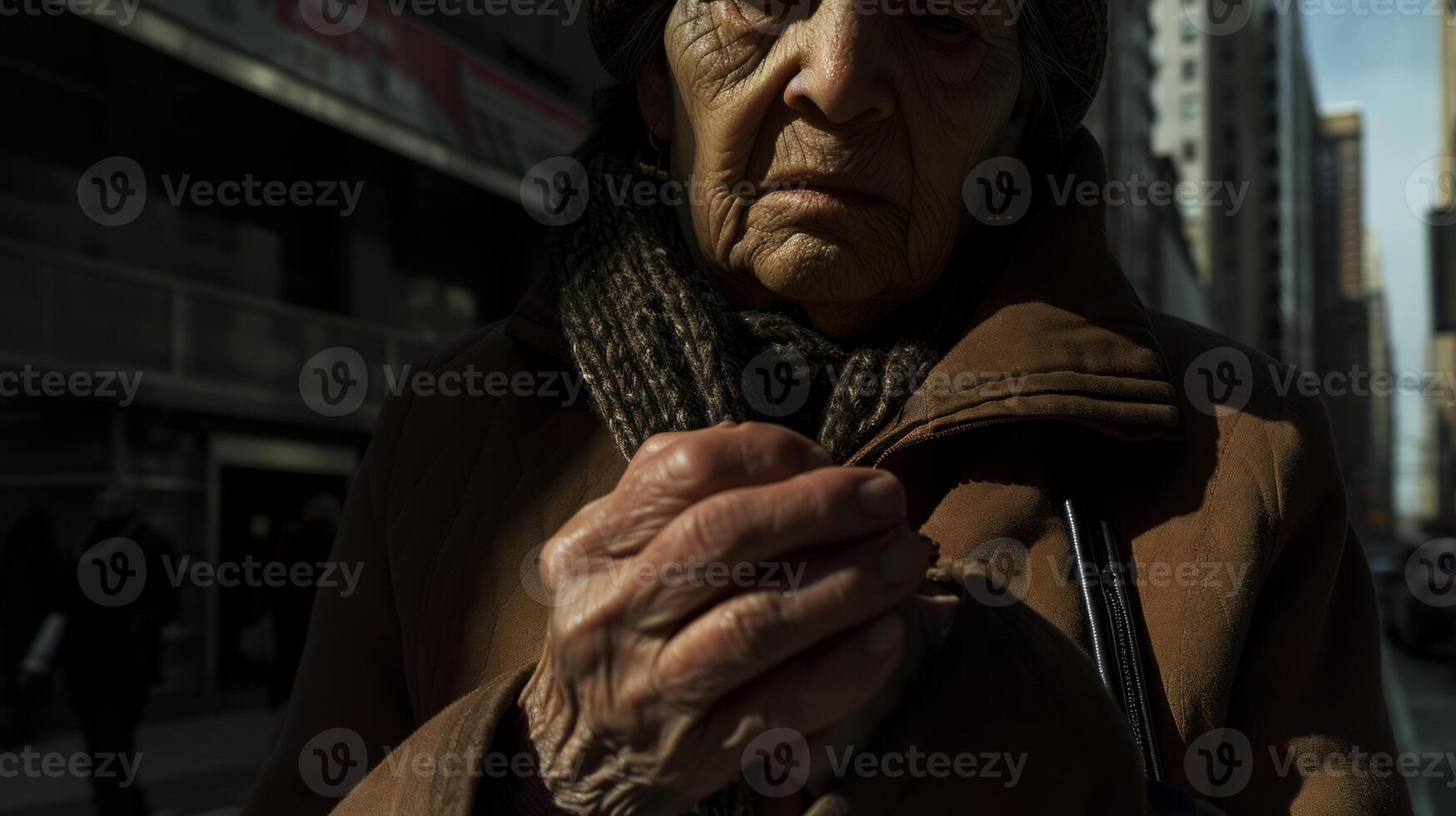 ai gerado desafios do envelhecimento sociedade velho mulher andar com urbano configuração dentro a voltar. foto