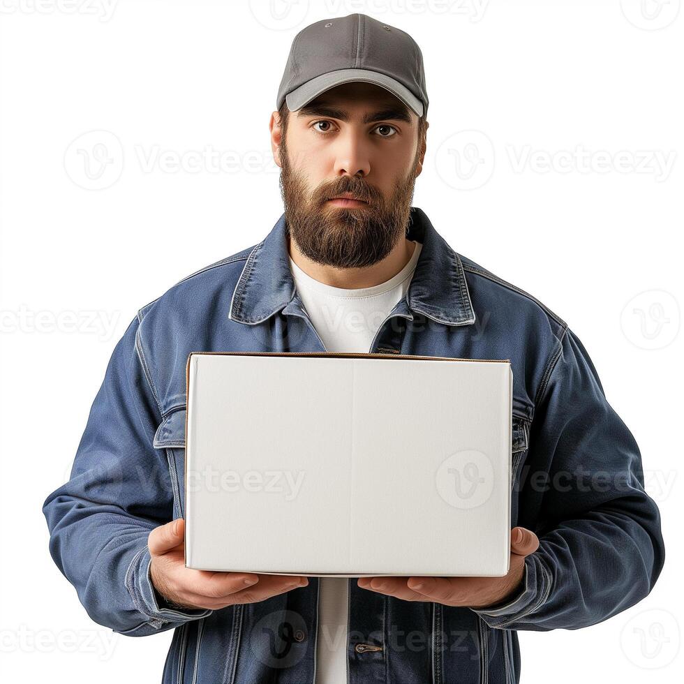 ai gerado Entrega homem entregando uma branco em branco brincar pacote foto