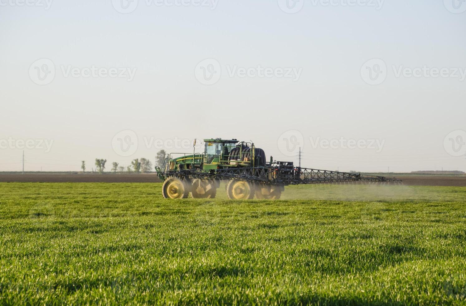 trator em a pôr do sol fundo. trator com Alto rodas é fazer fertilizante em jovem trigo. a usar do finamente disperso spray produtos químicos foto