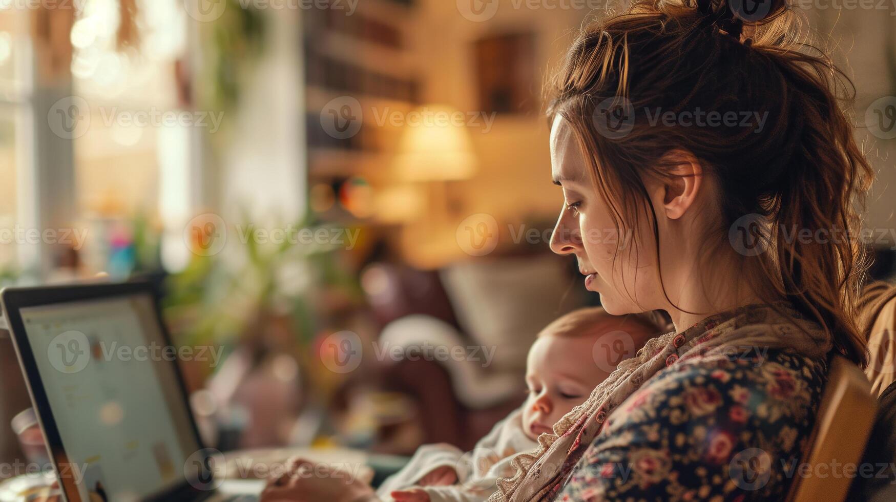 ai gerado mãe multitarefa às casa trabalhando meio Ambiente fazendo trabalhos com uma bebê dormir dentro dela braço foto