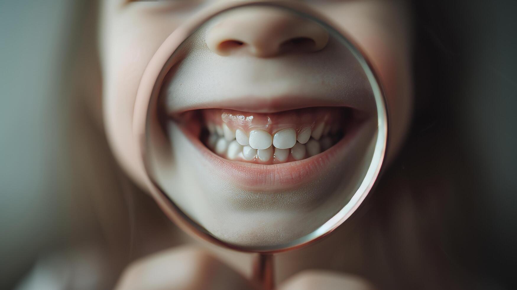 ai gerado fechar acima Visão do dental Cuidado dentro criança espelho refletindo menina sorrir branco dentes oral higiene foto