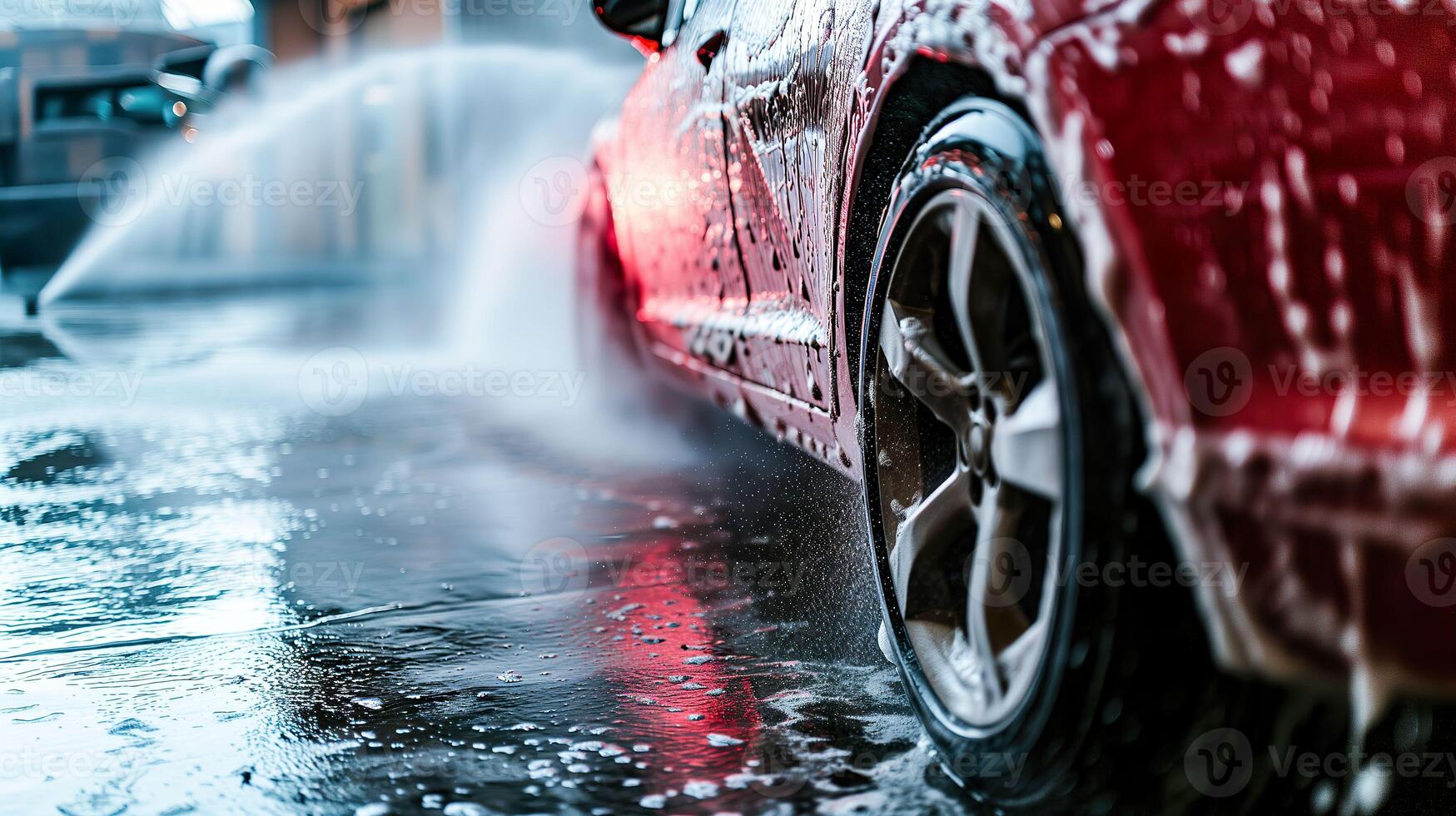 ai gerado auto spa experiência, eficiente carro lavar com espuma e água foto