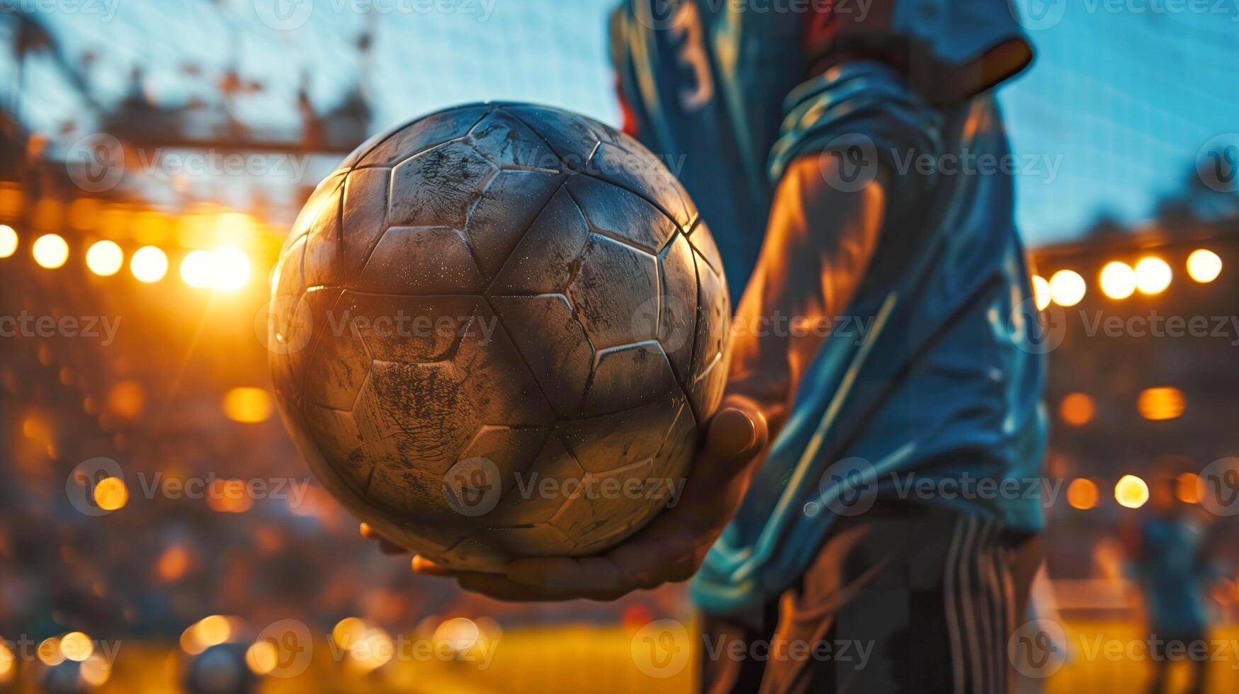 ai gerado irreconhecível futebol jogador segurando futebol bola, estádio açao foto