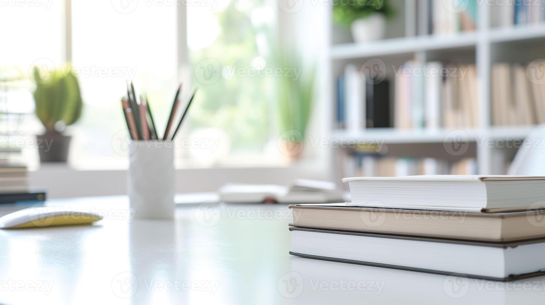 ai gerado cortada tiro do uma acolhedor estude quarto com branco mesa, livros, e papelaria foto