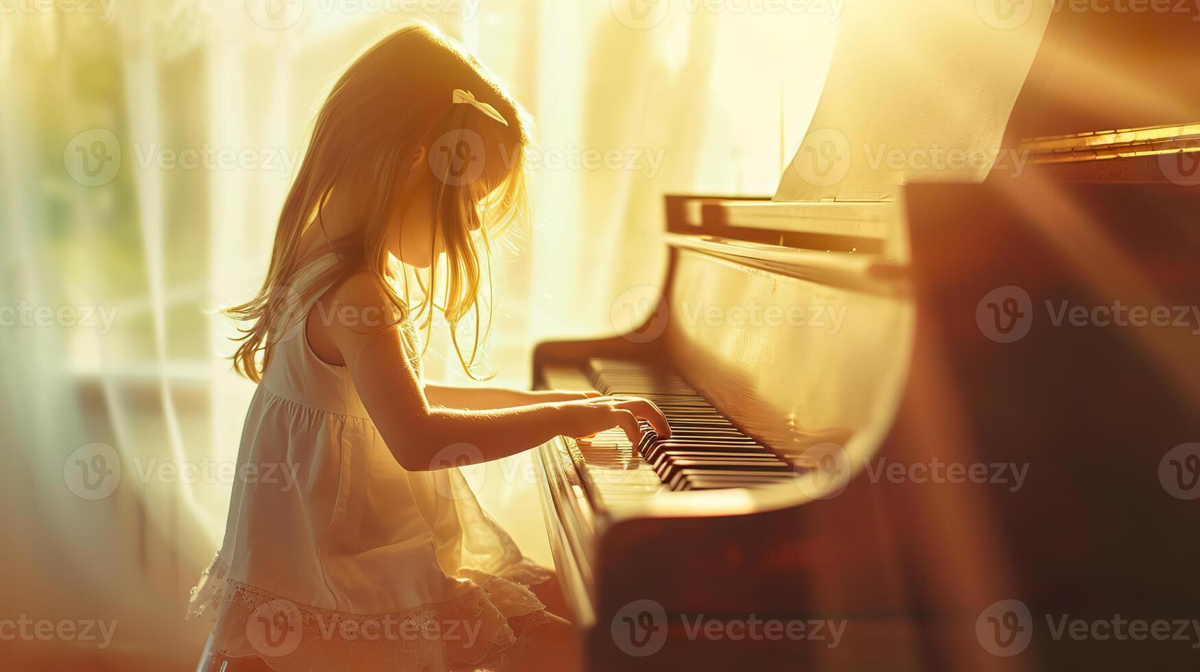 ai gerado piano bênção, jovem garotas manhã melodias dentro a conforto do casa foto