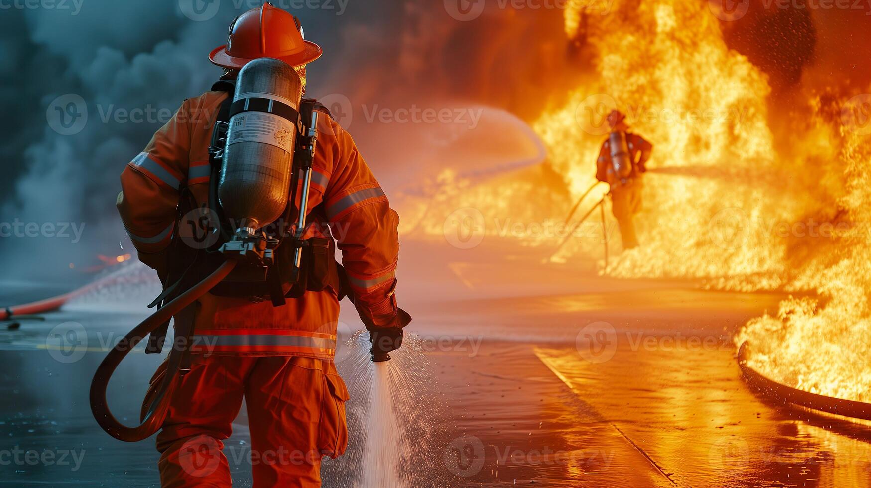 ai gerado bombeiro treinamento, bravo bombeiro dentro açao com água e extintor foto