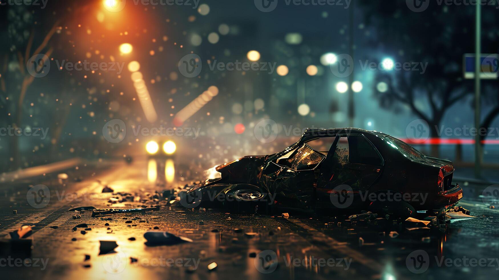 ai gerado período noturno perigo, carro batida acidente em a estrada foto