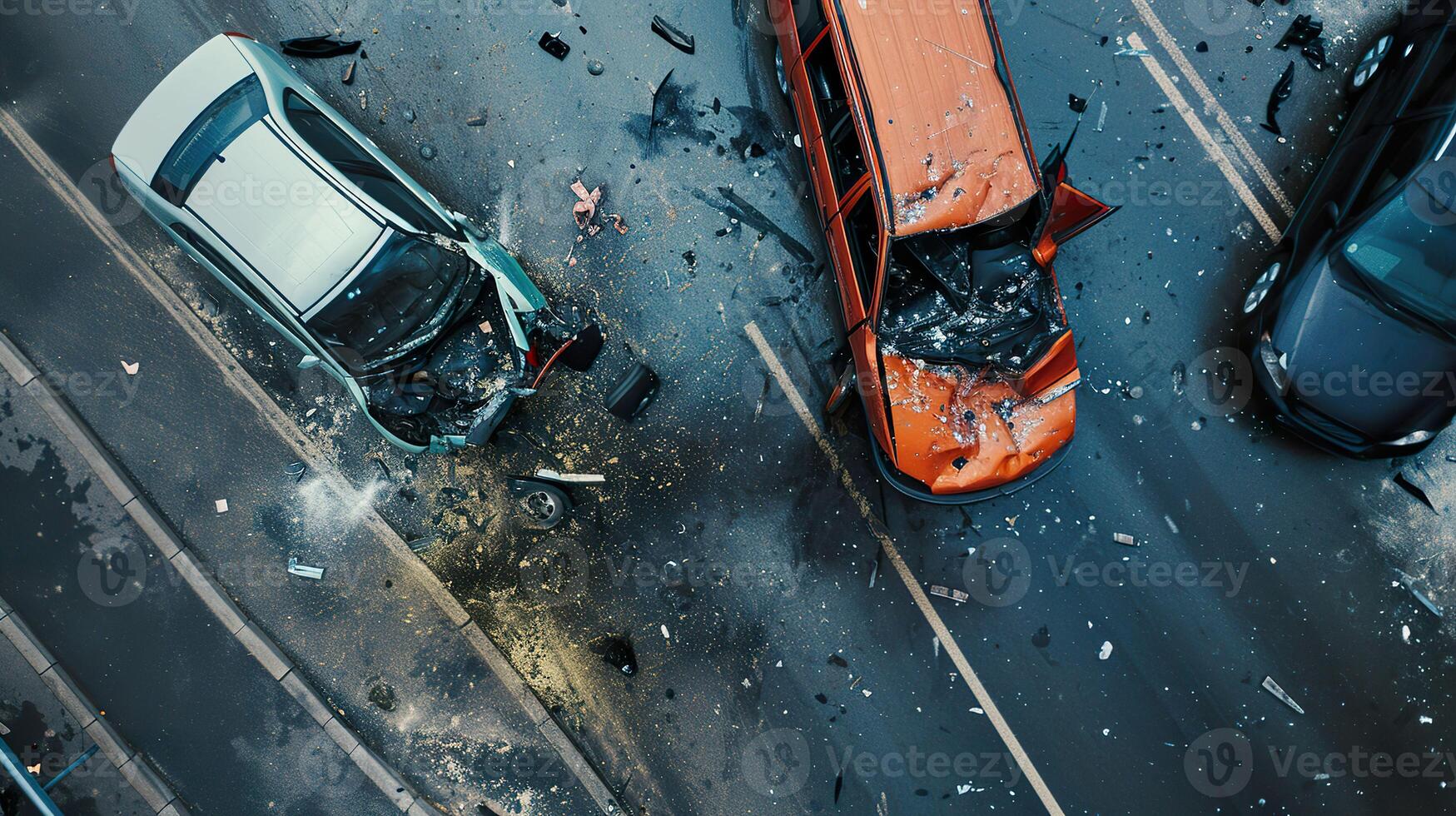 ai gerado perigoso carro colidir, vista do topo acidente em a estrada foto