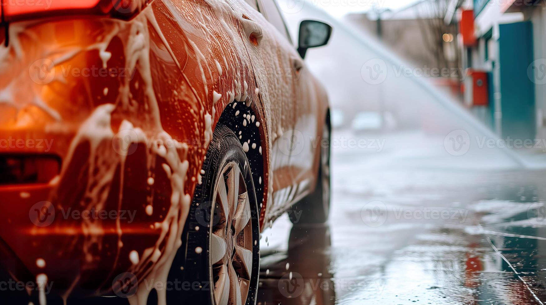 ai gerado auto spa experiência, eficiente carro lavar com espuma e água foto