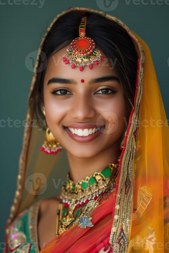 ai gerado risonho indiano mulher, irradiando alegria dentro uma médio tiro foto