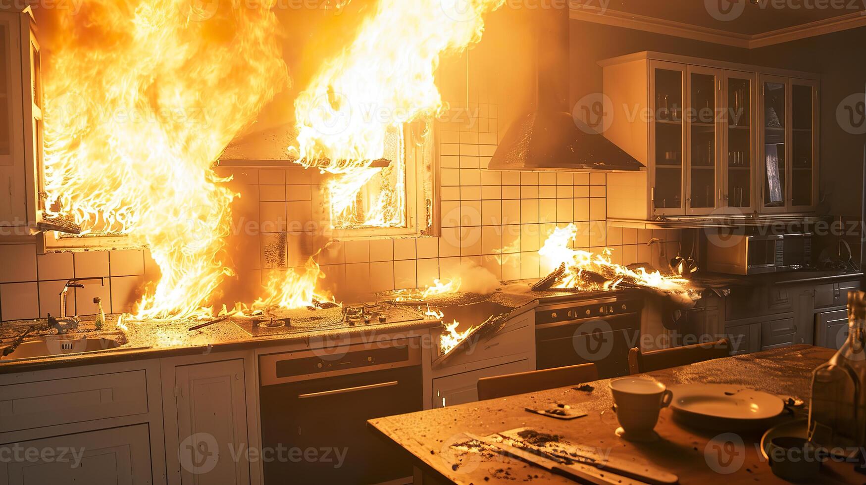 ai gerado fuga a queimando cozinha, intenso casa fogo desastre foto