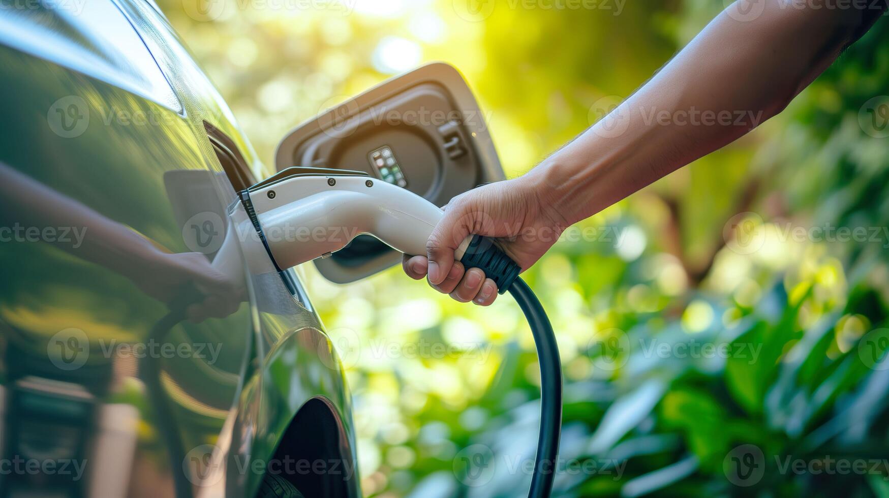 ai gerado verde inovação, fechar acima do ev cobrando plugue dentro natural vegetação foto