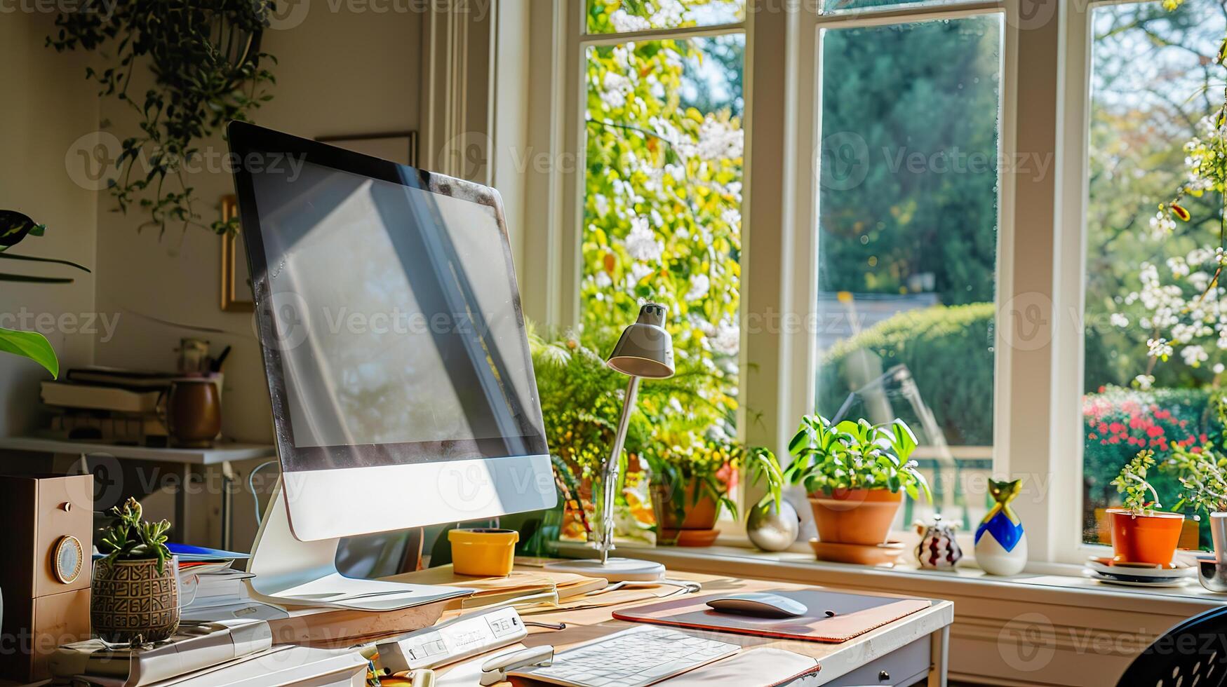 ai gerado controlo remoto trabalhos ambiente, à moda escrivaninha com computador e janela foto