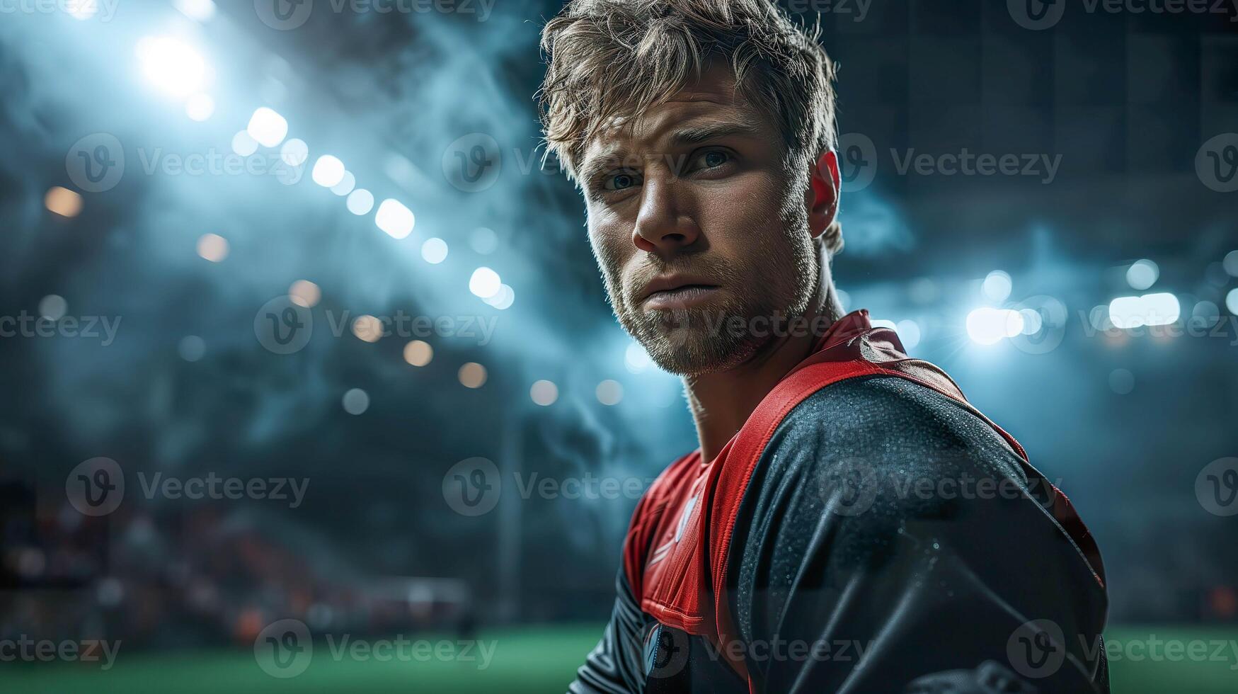 ai gerado rúgbi jogador dentro Ação, cheio corpo retrato dentro estádio foto